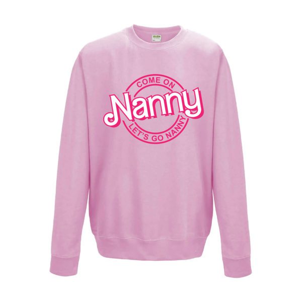 come on barbie let's go party sweatshirt designed for nannies in bold pink